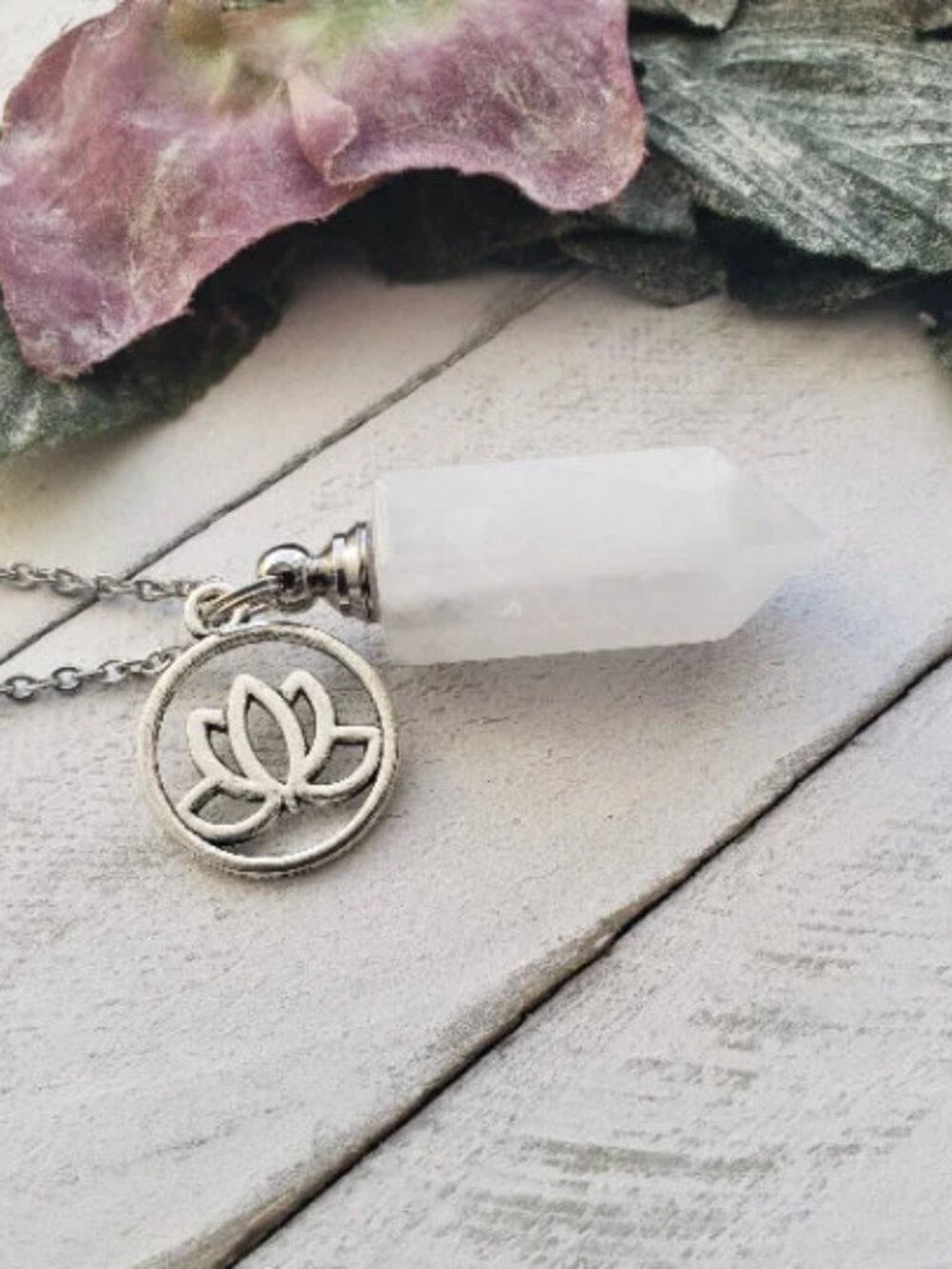 White Quartz Crystal Vial Perfume Necklace Lotus Flower Charm Locket Keepsake